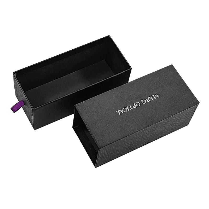 premium luxury black boxes for packaging with a special texture linen pattern pull out sliding logo silver foil stamping