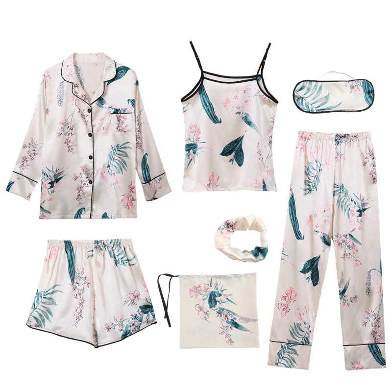 7 Pcs Set Ice Silk Satin Nigh Wear Long Pajamas Sexy Camisole Shorts silk pj sleepwear sets Women for Home wear