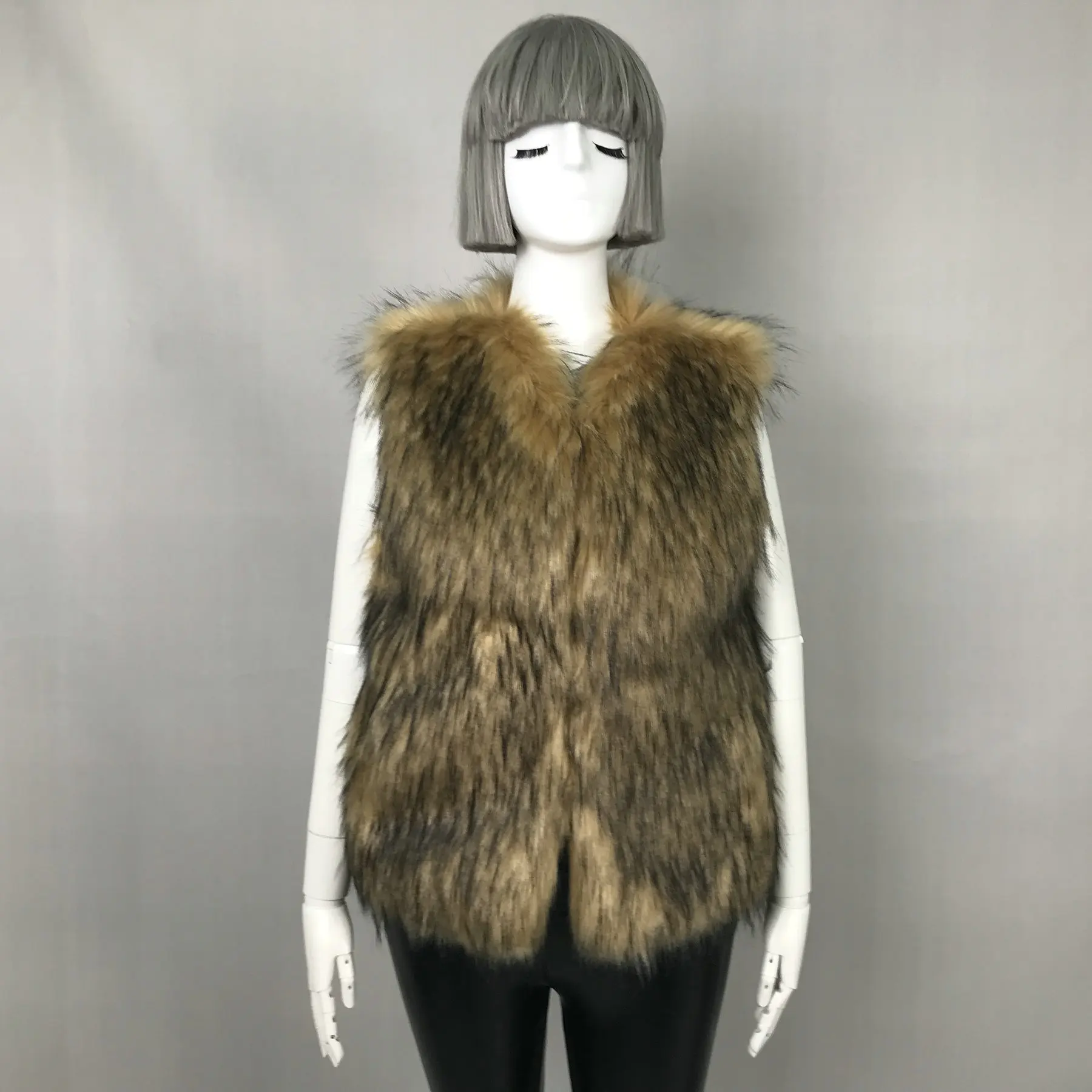 custom girls Hot Sale Winter Warm raccoon Fur Gilet Waistcoat Women Grey Faux Fur Vest