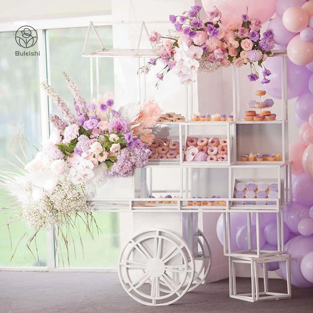 Black Mobile Flower Display Sweet Candy Cart Wedding Carriage Iron Metal Frame Cake Flower Candy Cart