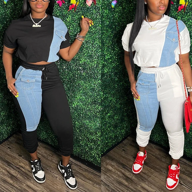wholesale clothing womens sets Short Sleeve Patchwork Denim Top+ Pants two Piece
