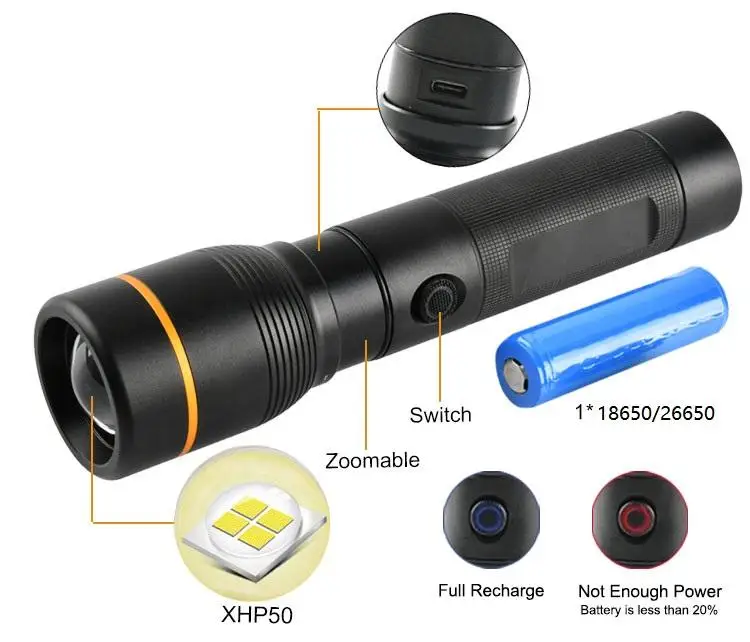 Custom zoom long range high lumens 100000 tactical Taschenlamp USB Rechargeable super bright High Power powerful led Flashlight