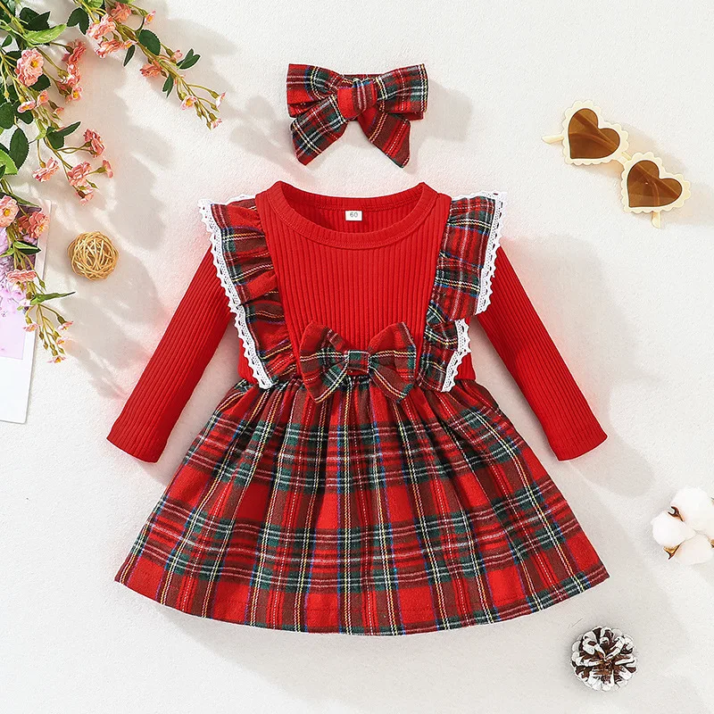 Baby Girls Dresses Christmas Clothes Plaid Patchwork Crew Neck Long Sleeve Dress Fall Casual Princess Dress with Headband
