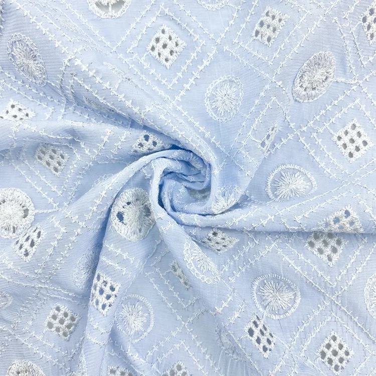 New materials fabrics embroidery organic 55%poly 45%viscose baby dresses fabric for clothing