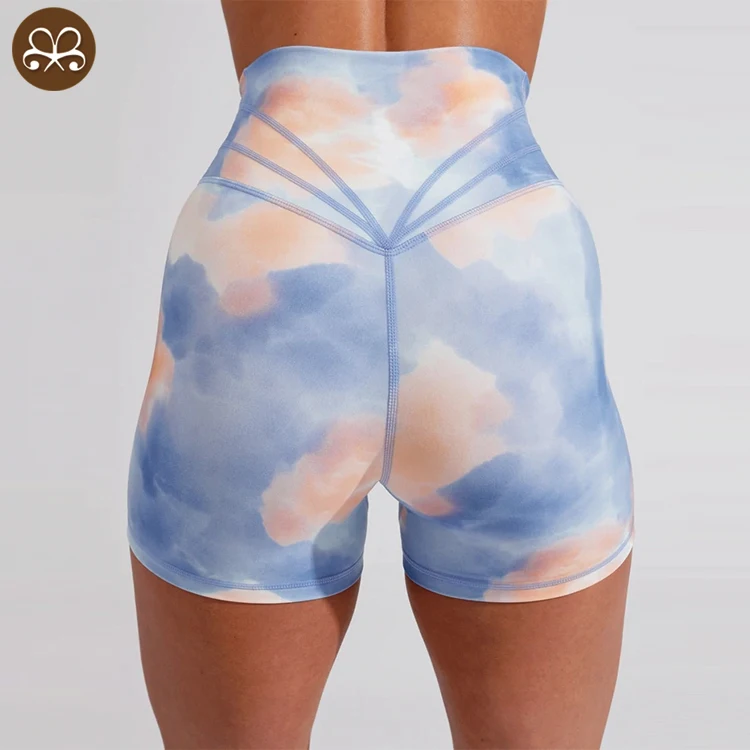 Wholesale custom V waistband no front seam custom gym sports tie dye biker shorts