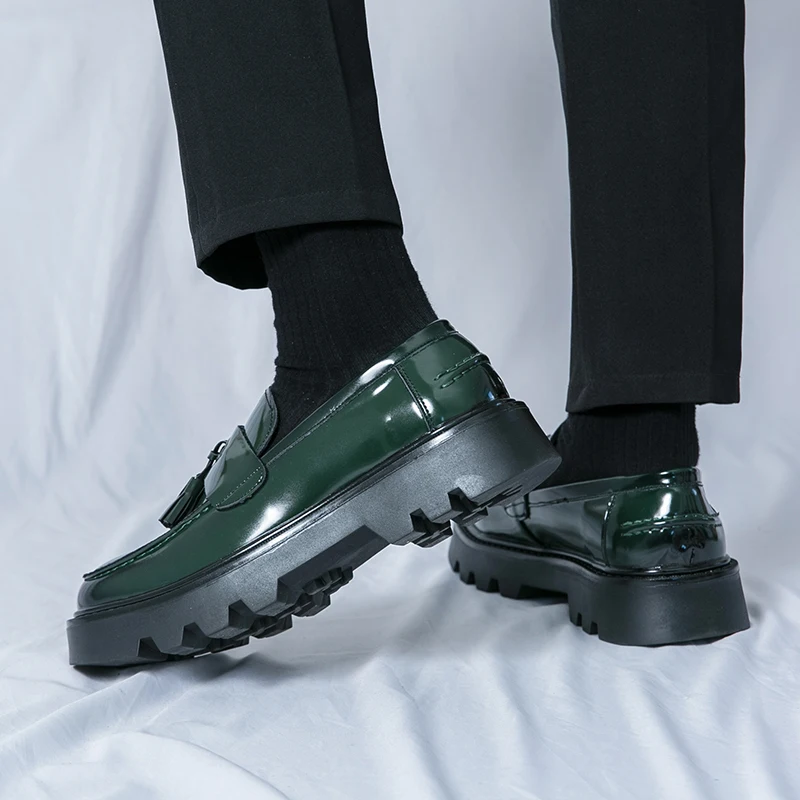 Green Color Man Platform Dress Office Leather Shoes Slip-On Formal Leather Loafers Men Shoe