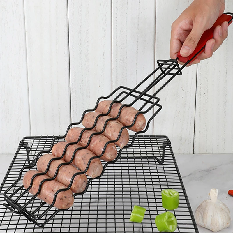 6 holes iron Rack Roast Sausage Hot Dog Grill Net Clip Grills Basket with wooden handle