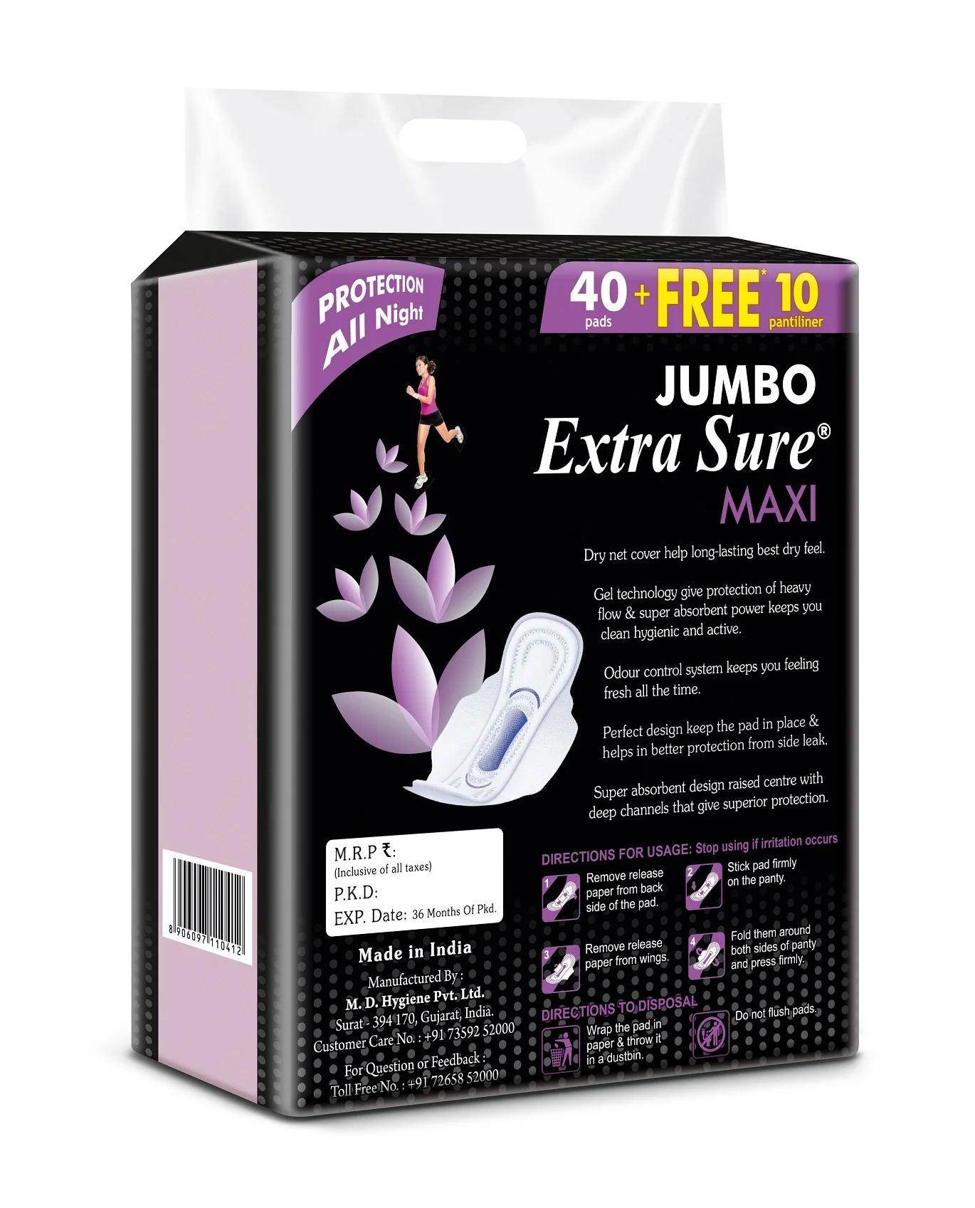 Hot selling Jumbo Extra Soft XXXL Ultra Thin Disposable Womens Sanitary Napkins with 40 Pads and Free 10 Extra Panty Liners