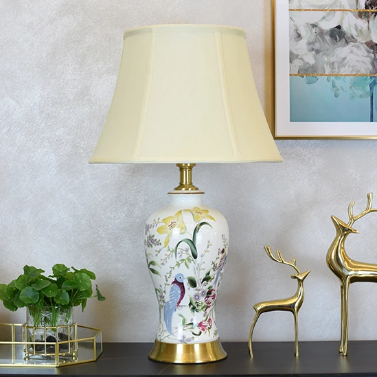 Домашний прикроватный фарфоровый светильник в китайском стиле с изображением птиц Керамические настольные лампы абажуром из ткани