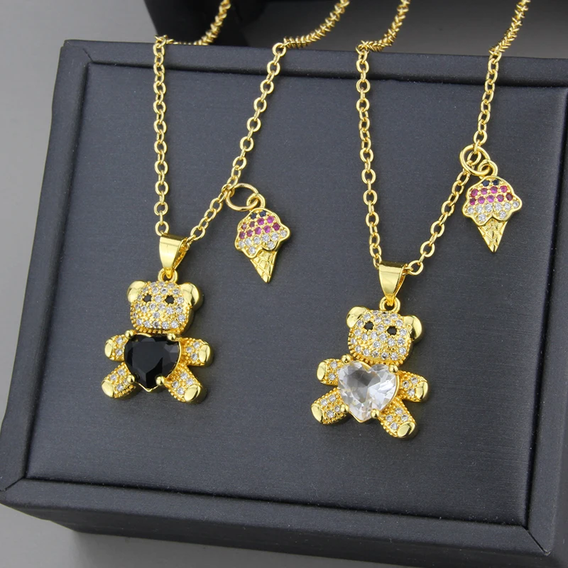 New Design Fashion Diamond Love Bear Pendant For Women  Cute Teddy Bear Ice Cream Combination Necklace