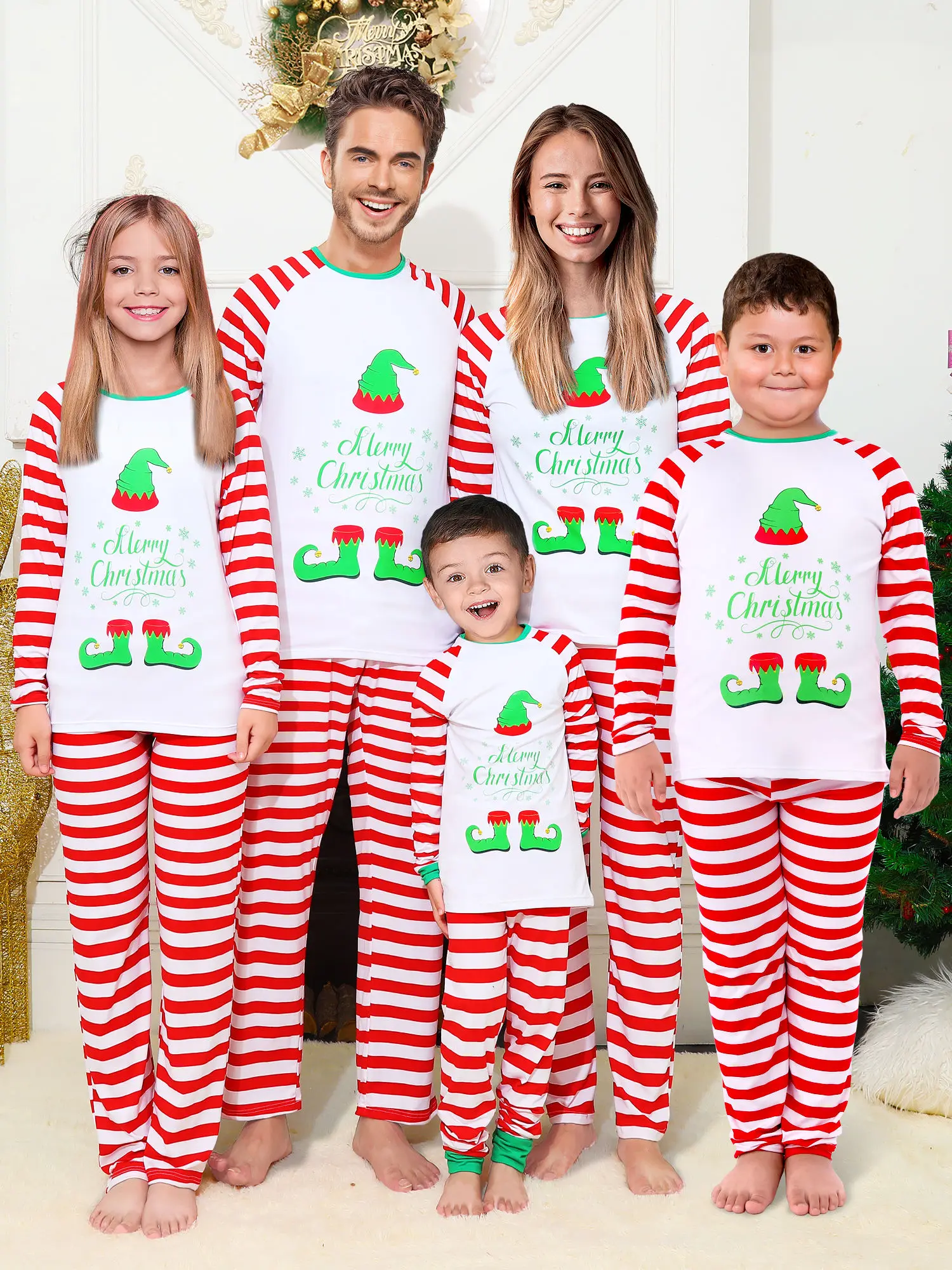 Factory supplier Red White Stripe Christmas Pajama Family Set Clothes Polyester Matching Xmas Pjs Set For Family