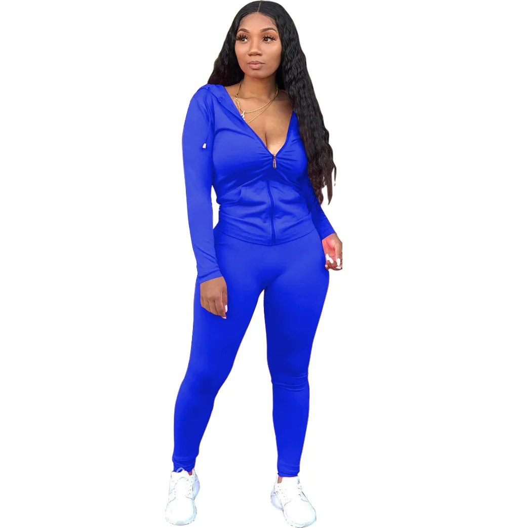 
2021 New Arrivals Plus Size Women Hooded Drawstring Long Sleeve Jacket Slim Pants 2 Pieces Set Solid Outfits Fitness Tracksuit 