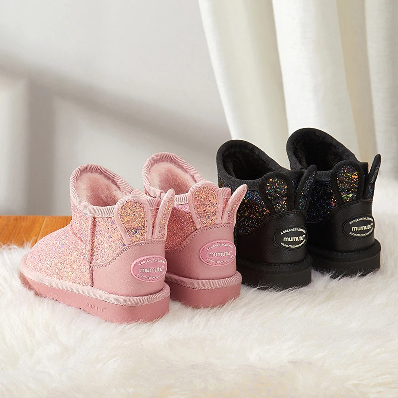 children winter fashion Bling Kids Boots Faux Fur ankle rabbit sequins warm shoes for student