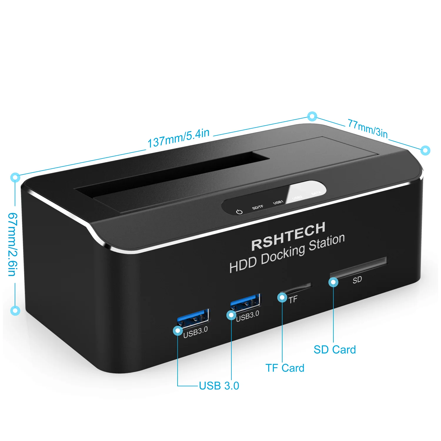 RSHTECH Hard Drive Dock with DC 12V/2A  USB 3.0 SATA III HDD Docking Station with SD/TF Reader for 2.5' and 3.5' SATA HDD/SSD