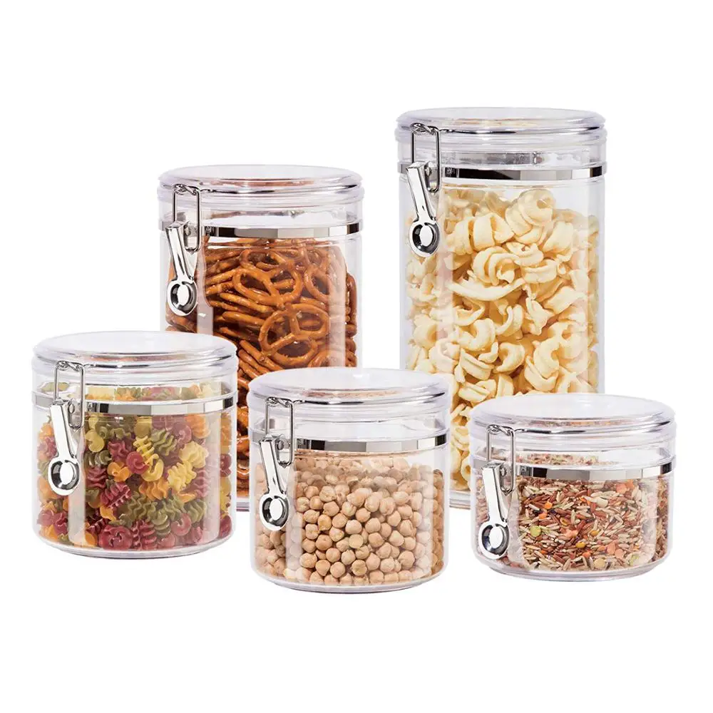 Food Grade 5 Piece Acrylic Canister Set Food Jars Clear Airtight Canister Set Food Storage Container with Airtight Clamp Lids