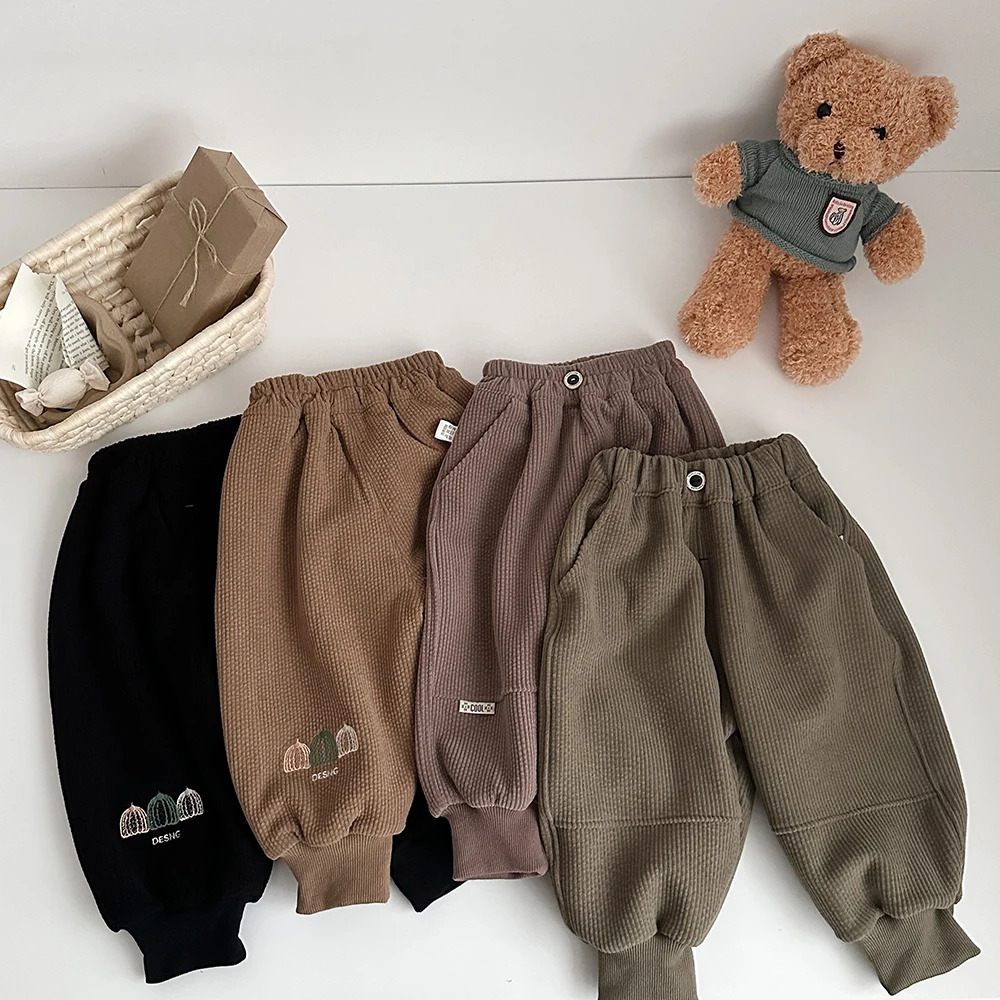 Purorigin Toddler Boy Clothes Self-heating Fabric Warm Winter Brown Corduroy Casual Kids Tracksuits Trousers Fleece Sweatpants
