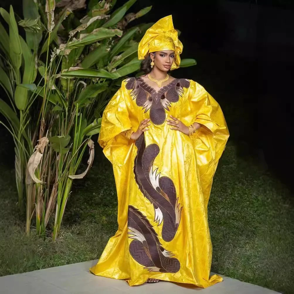 2025 African Dress For Woman Luxury  Embroidery Design Long Bazin Dress With Scarf Traditional Wedding Party Dashik Dress