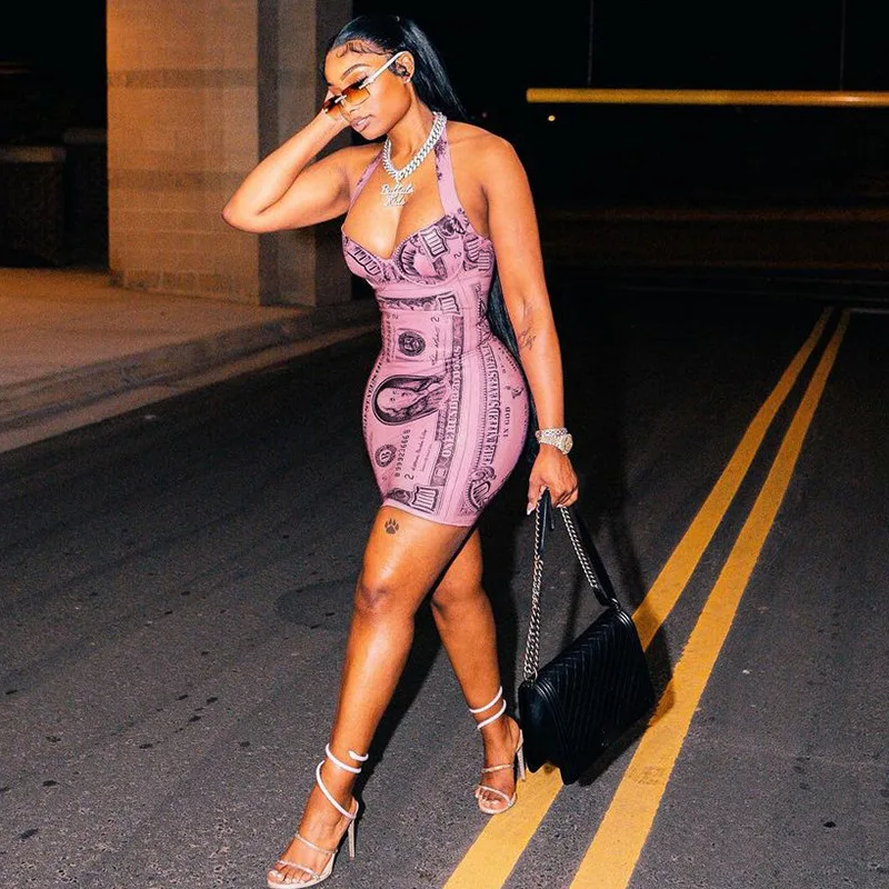 New Fashion Dollar Printing V-neck Backless Halter Girl Dress Wholesale