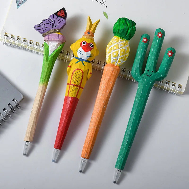 Animal Wood cartoon 3d novelty Hand Carving Eco friendly Promotional Advertising Custom ball point ball-point pen