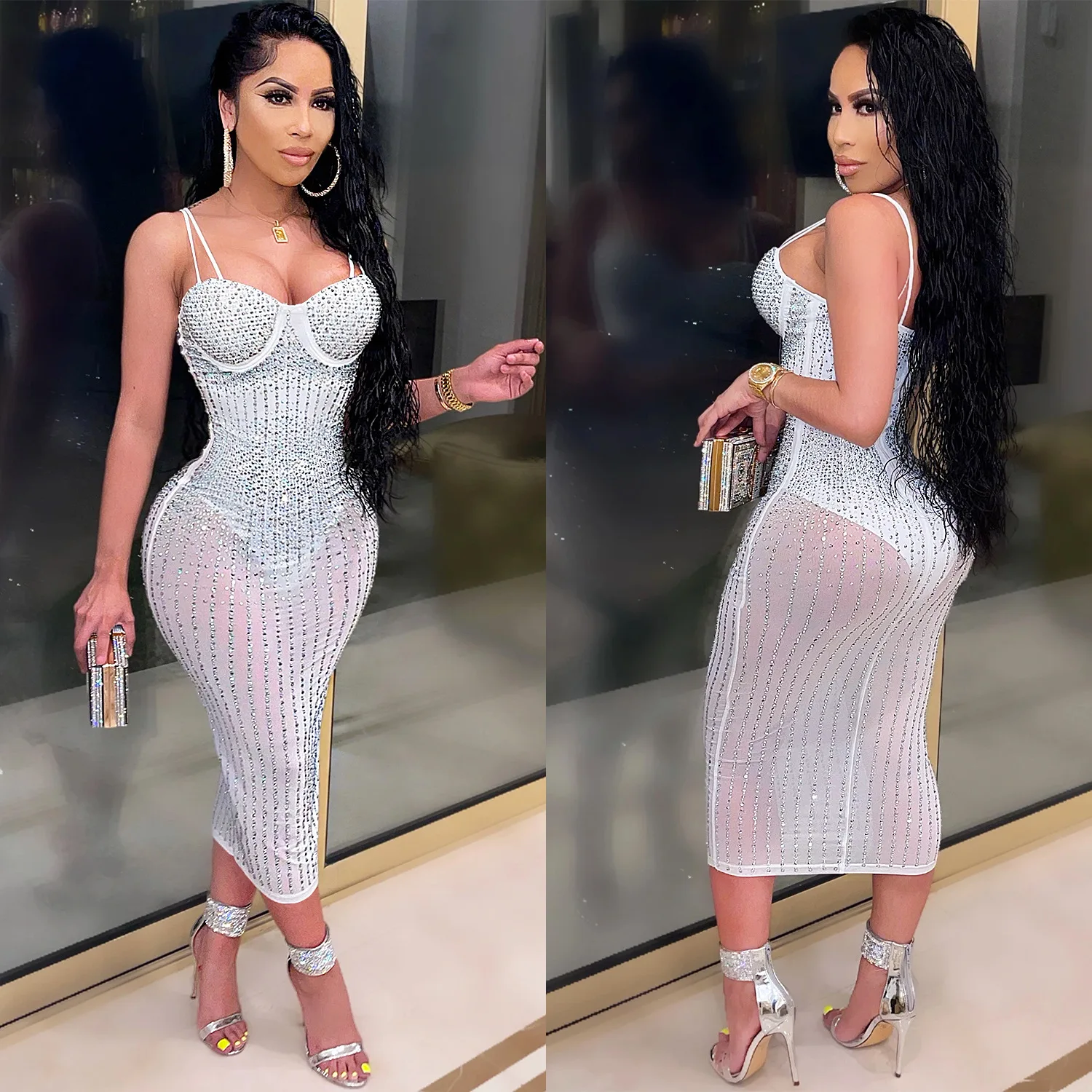 2022 Hot Popular Sexy Dress Women Shiny Sleeveless Deep V Neck Halter Backless Party Bodycon Dress Sexy Halter Dress For Lady