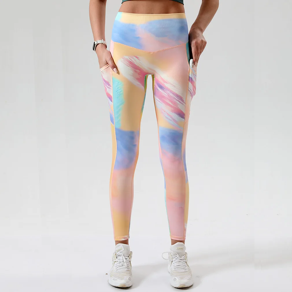 New style Hip-lifting Tie-dye Yoga Pants High Waisted Tight Pocket Nude Pants Tight Sports Fitness Yoga Pants for Women