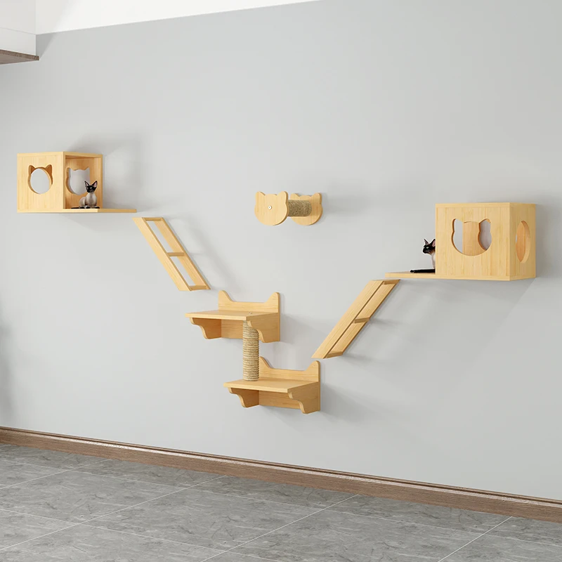 Pine bamboo cat wall climbing frame set of 5 cat wall furniture cat shelves and perches