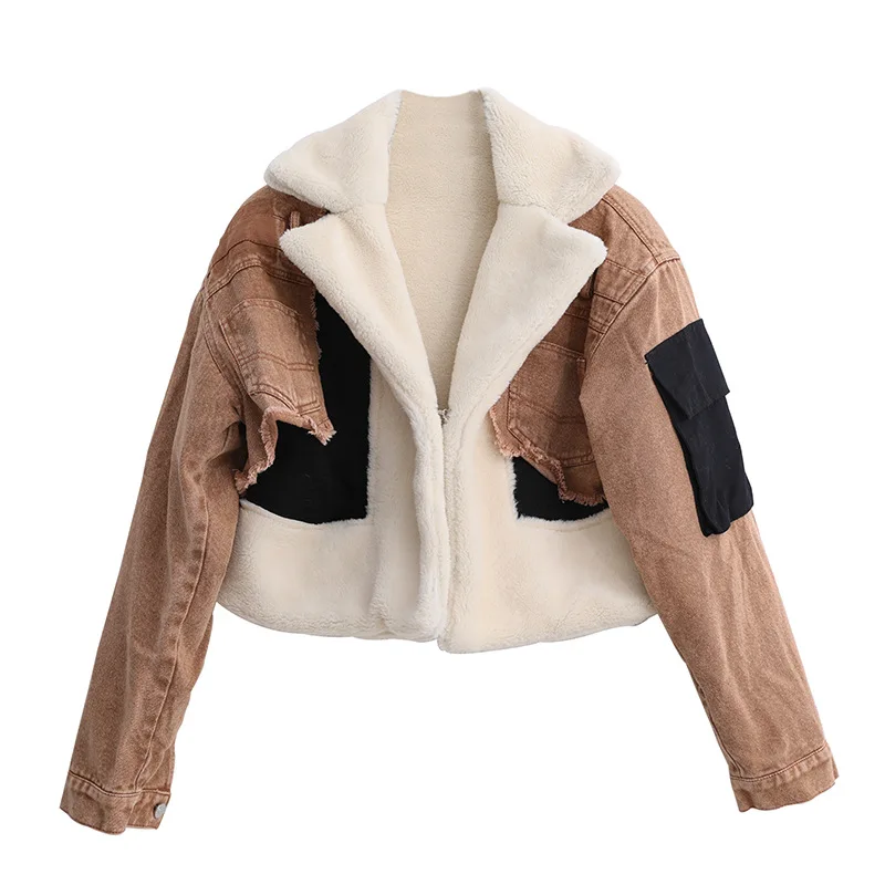 Chaqueta de jean con piel мех с куртка джинсовая пальто для женщин джинсовый наряд плотного денима из овечьей шерсти; Пальто мехом;