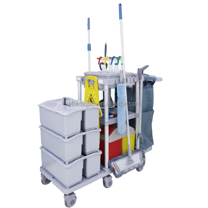 Top Quality Engineering Plastics Materials Cleaning Trolley Cart Hotel Cleaning Service Janitor Cart