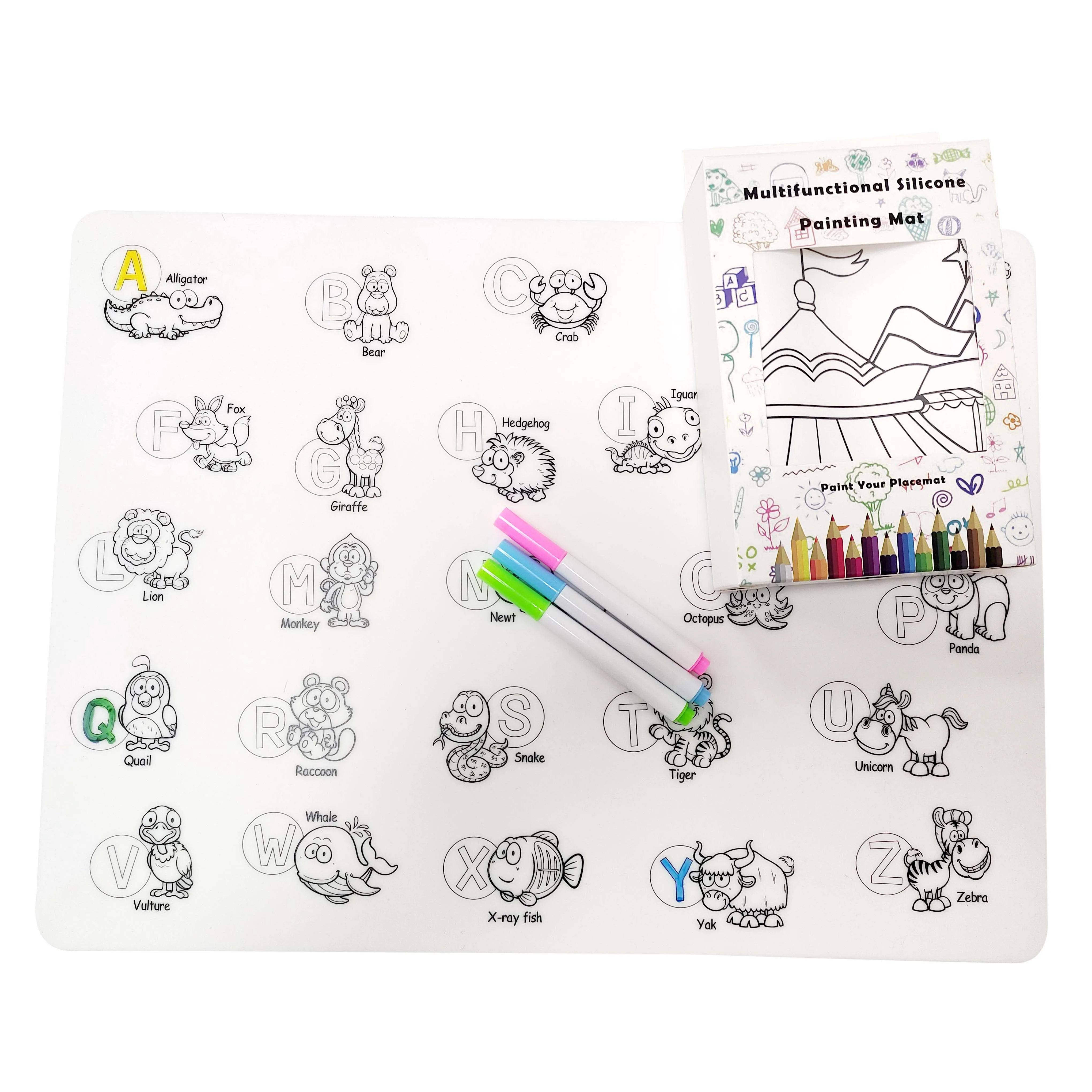 Custom BPA Free Eco-friendly  Washable Silicone Kids  Placemat  for Painting Drawing  Silicone Coloring Table Mat