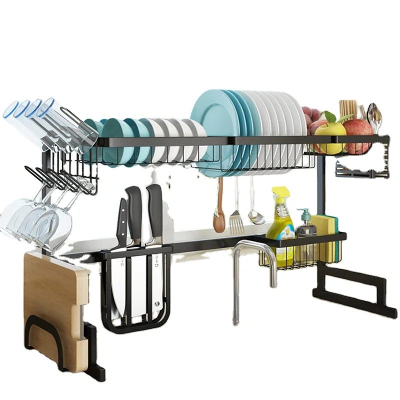 High Quality Over The Sink 2 Tier Stainless Steel Folding Dish Drying Rack Dish Bowl Cups Spoon Storage Rack Kitchen Storage