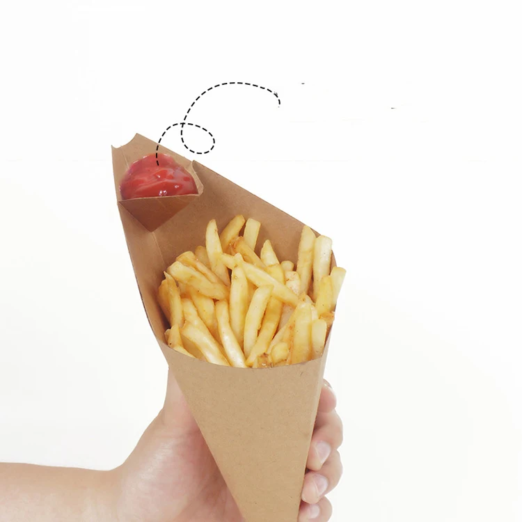 Customized Logo Disposable French Fries Packaging Cone-Shaped Food Popcorn Triangle Mini Paper Cone Box with Sauce Trough