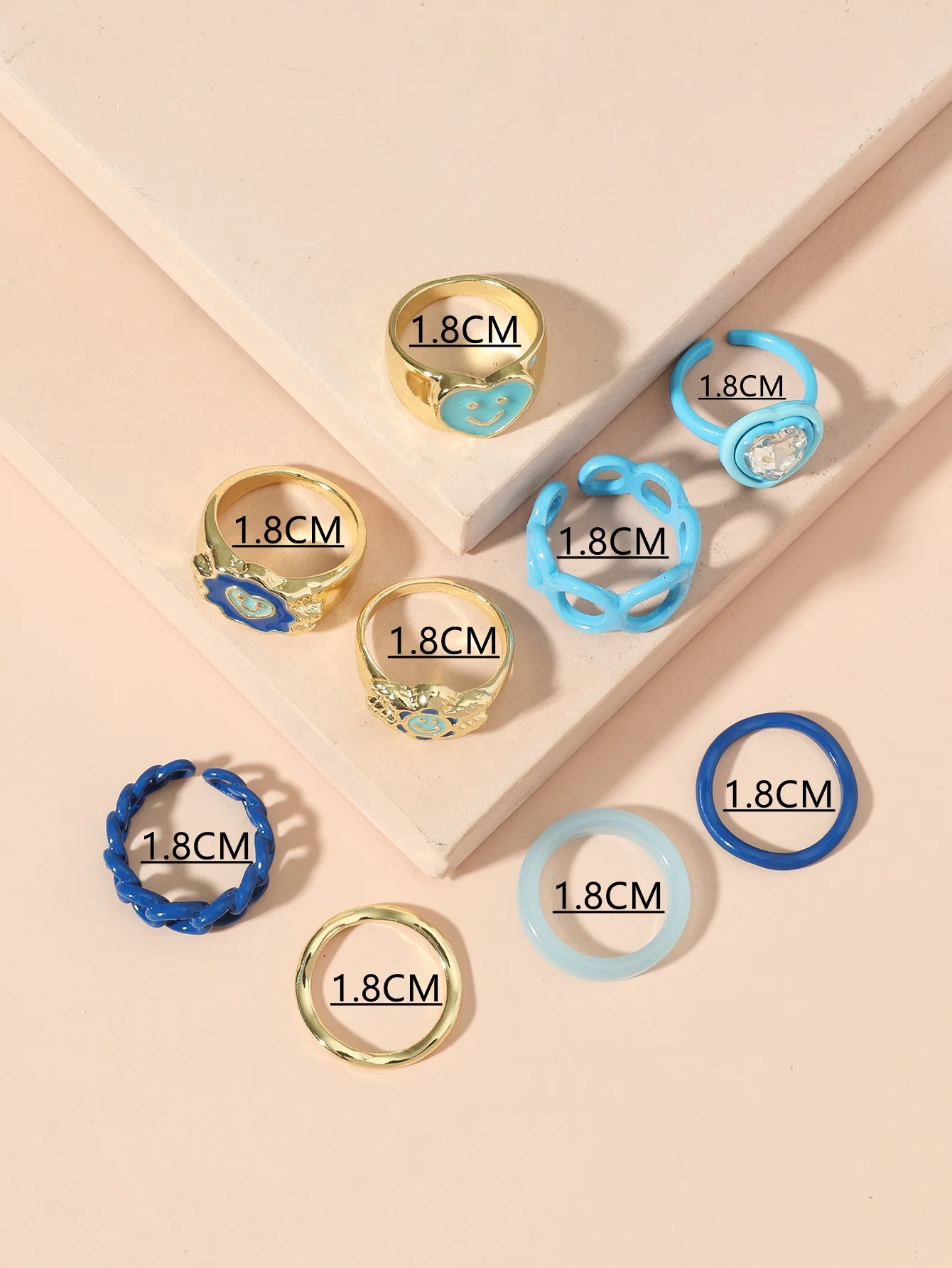 Cool blue resin ring non fading niche geometric ring love smile alloy index finger ring set