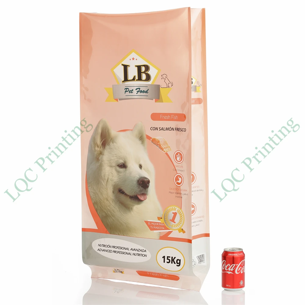 Custom printed reusable aluminium foil pet cat dog food feed stand up pouch quad seal flat bottom packaging zip lock package bag