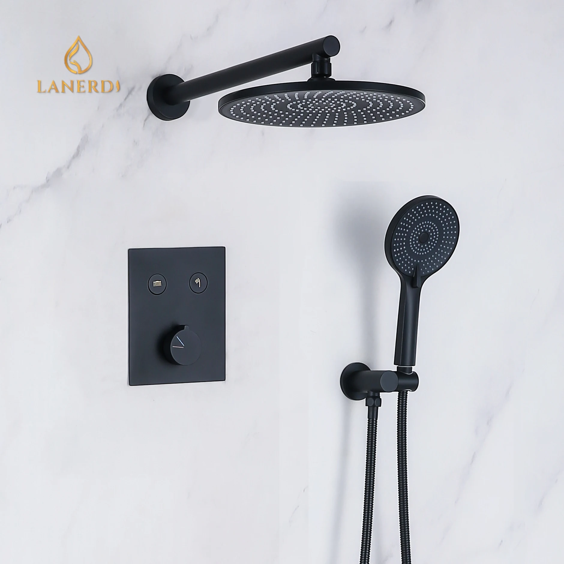 Lanerdi 2 Way матовый черный термостатический температура настенный монтаж Ванная комната смеситель для душа дождь душевая арматура комплект