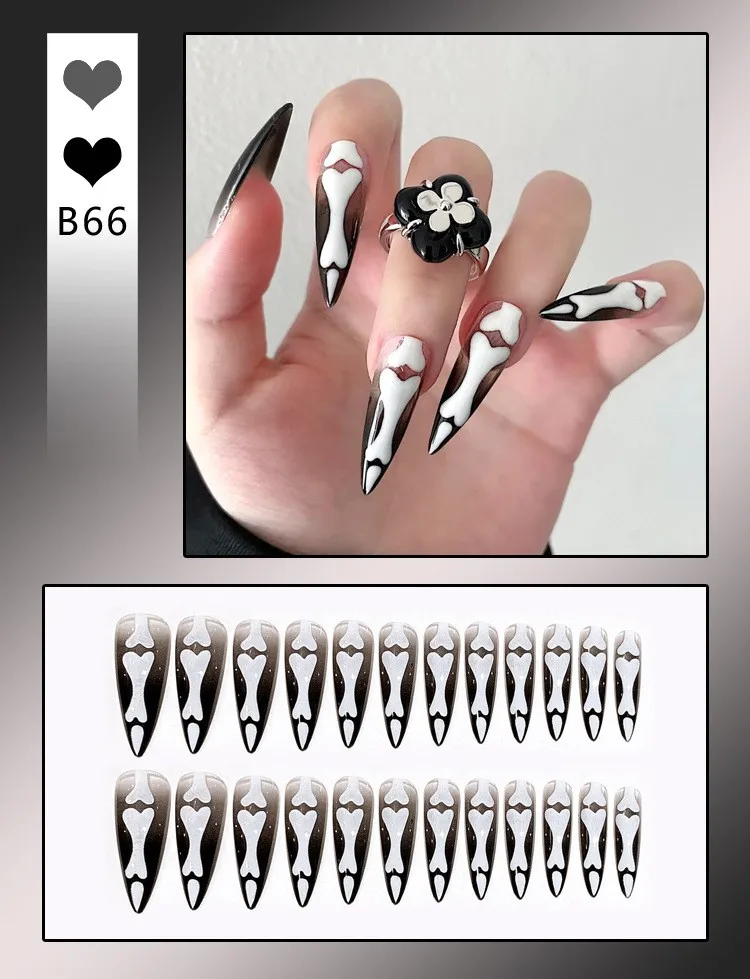 B66 Gothic Bone Designed Reusable Handmade False Nails long Custom Halloween Acrylic Press On Nails Artificial Nails for girls