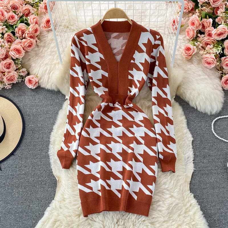 Dresses For Women 2021 Elegant Vintage Houndstooth Knitted Dress Autumn Winter V Neck Long Sleeve Mini Bodycon Dress