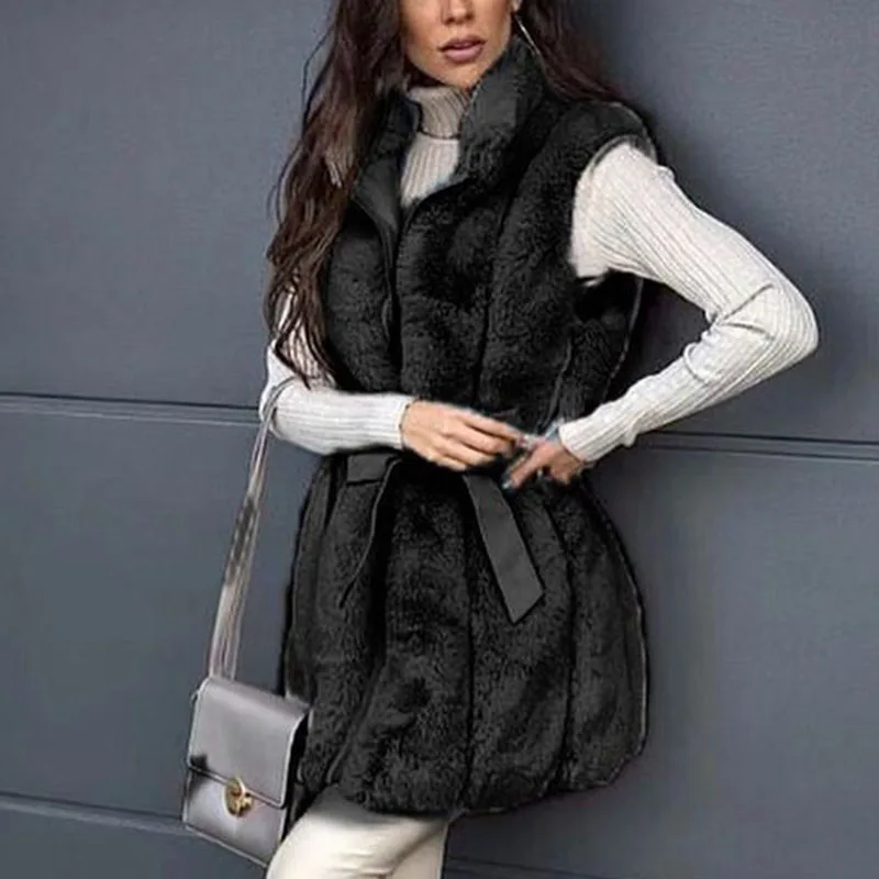 Faux Rabbit Fur Mid Length Fashion Artificial Fur Women Elegant Stand Collar Vests