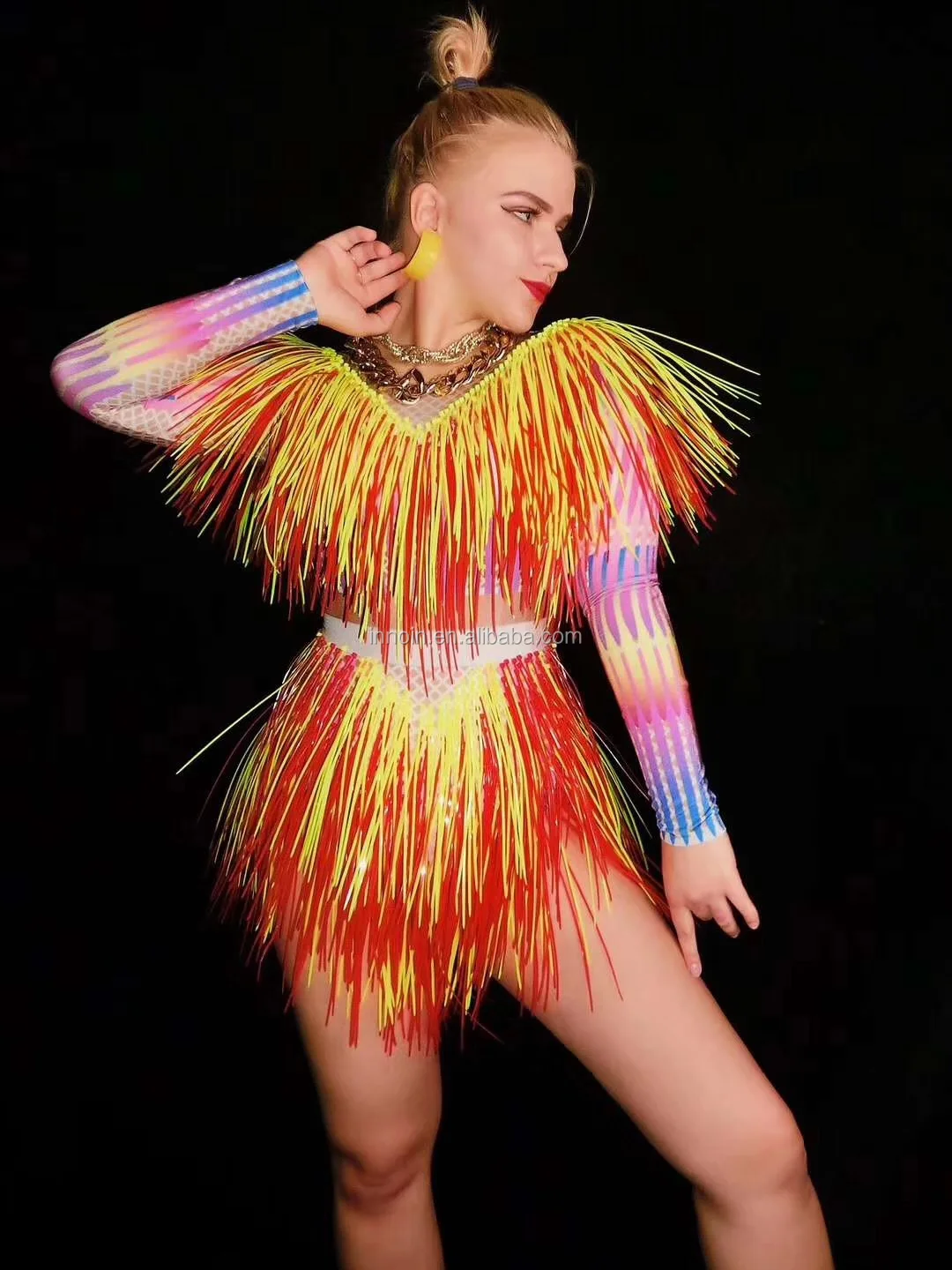 
Colorful Fringes Rhinestone Bodysuit Women Stage Dance Costume Nightclub Dance Female Singer Show Bright Leotard Dj Dance 