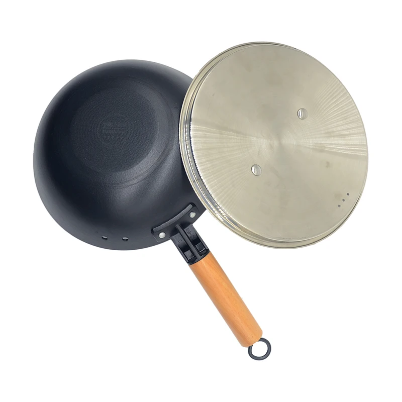 Eco-Friendly Honeycomb Non-stick Cast Iron Woks with Wooden Handle S/S Lid Cover Deep Frying Pan Wok