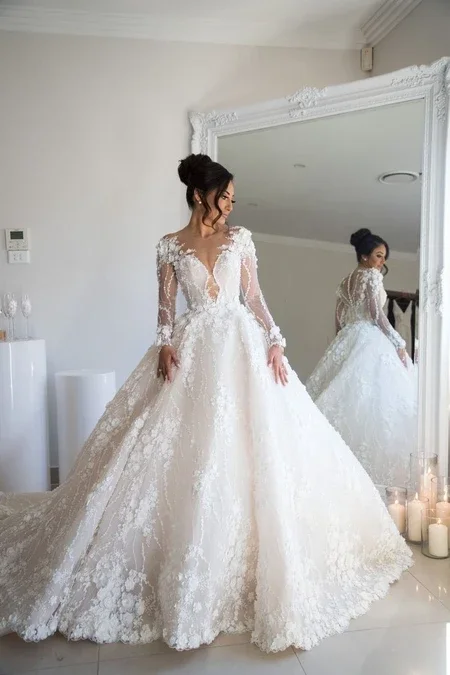 3D Flower Lace V Neck Long Sleeve Wedding Dress Ball Gown Plus Size Vestido De Noiva Bridal Gowns
