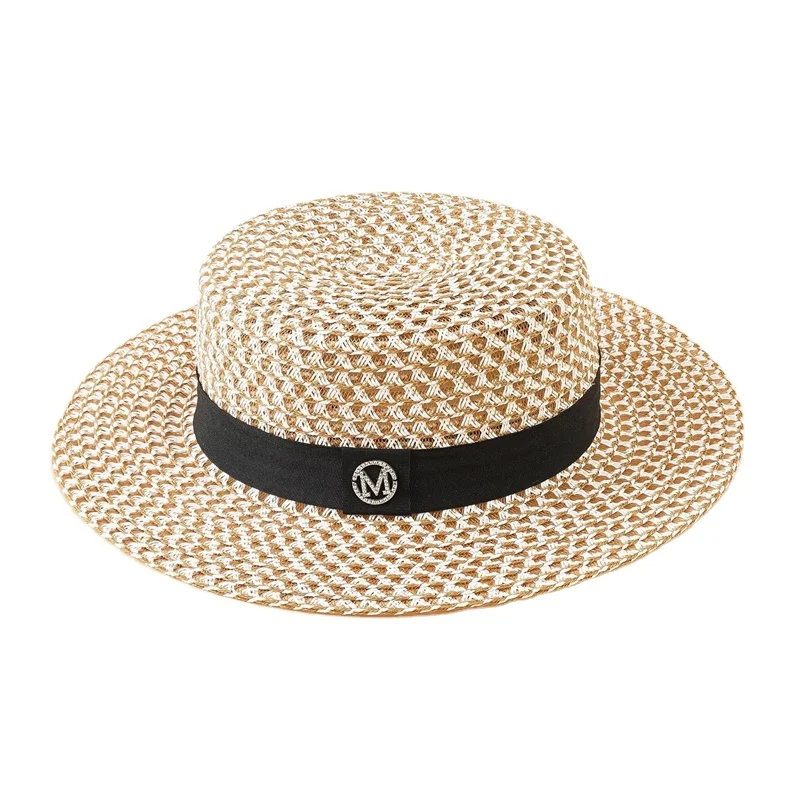 2021 Summer British Retro Flat Top Woman Straw Hat Fresh Top Hat Travel Holiday Sun Protection Beach Hat