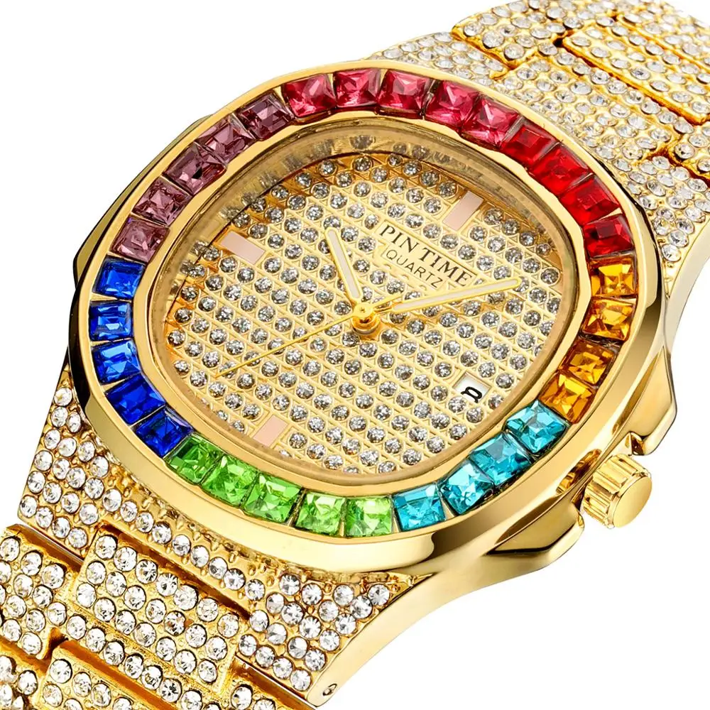 
PINTIME Creative Leopard Watch Men Diamond Gold Steel Iced Out Mens Watches Top Brand Luxury Hip Hop zegarek meski reloj hombre 