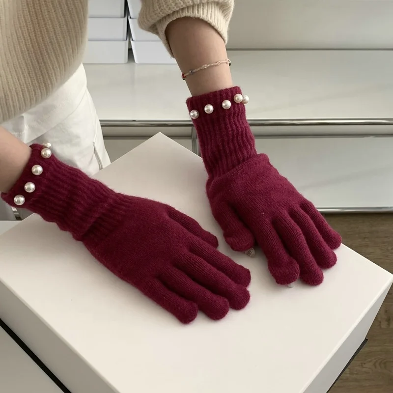 Solid Color Long Arm Knit Touch Screen Leak Finger Pearl Winter Warm Cycling Five-Finger Knitted Gloves