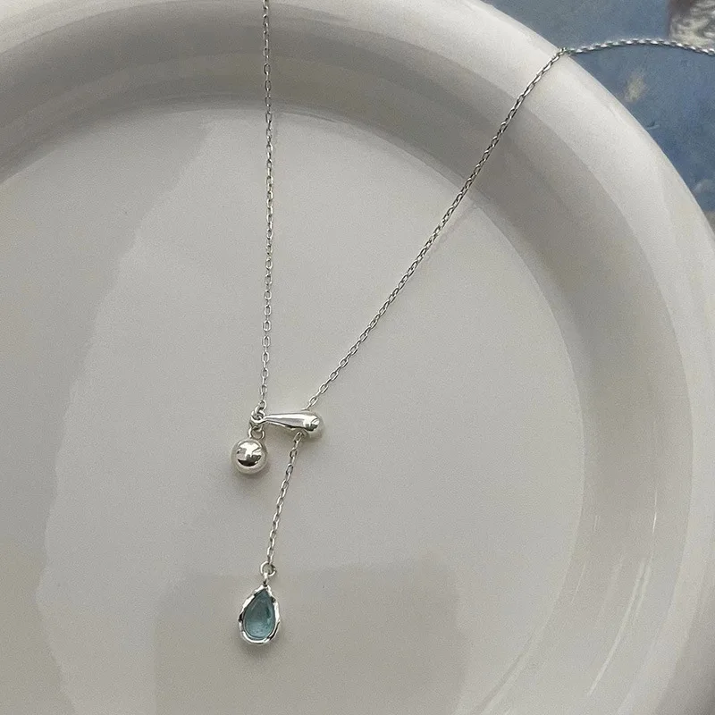 Sterling Silver 925 Premium Blue Teardrop Designs Pull Out Round Beads Niche Collarbone Necklace for Women