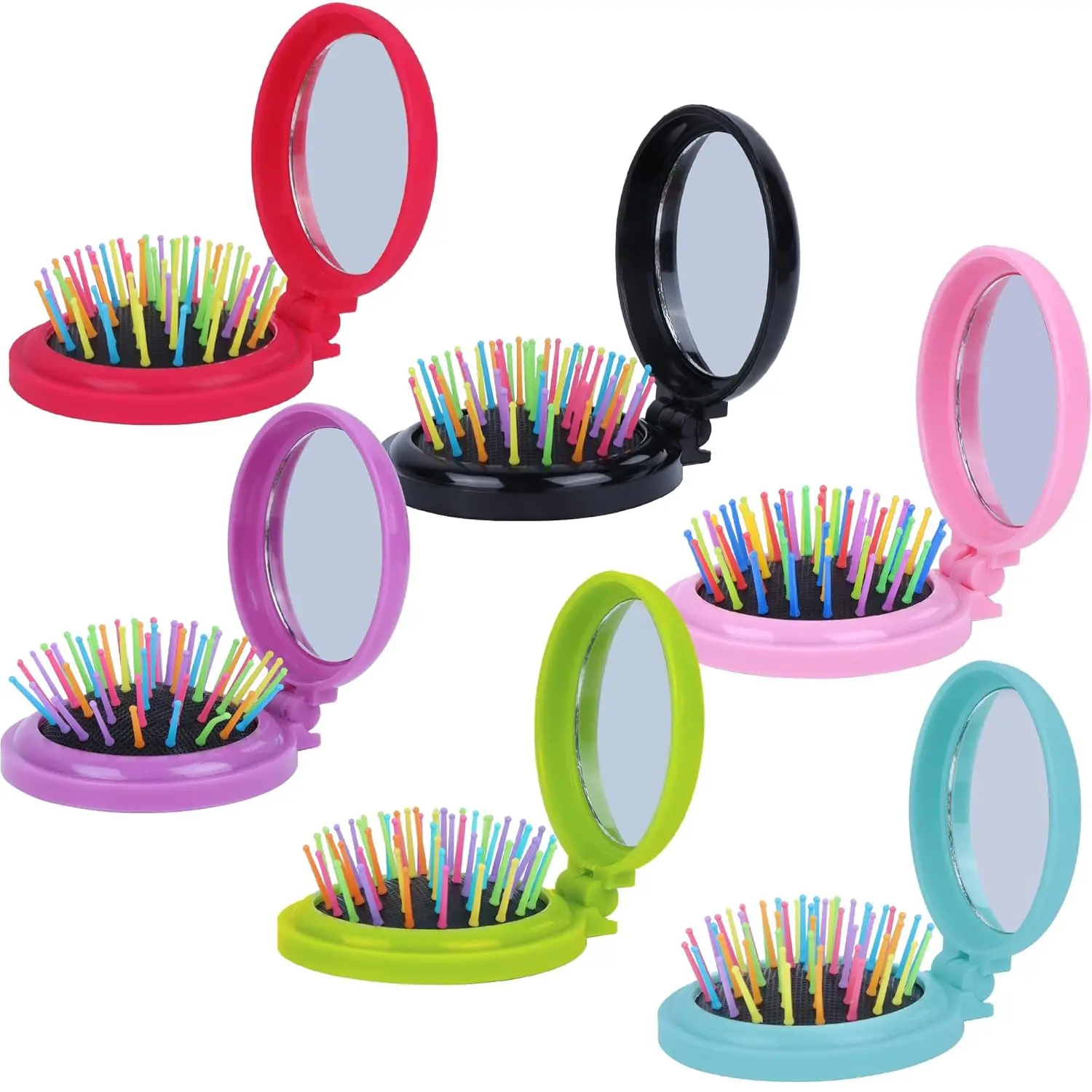 Popular Portable Mini Colorful Round Pocket Massage Wet And Dry Folding Hair Brush Travel Hair Comb With Mirror