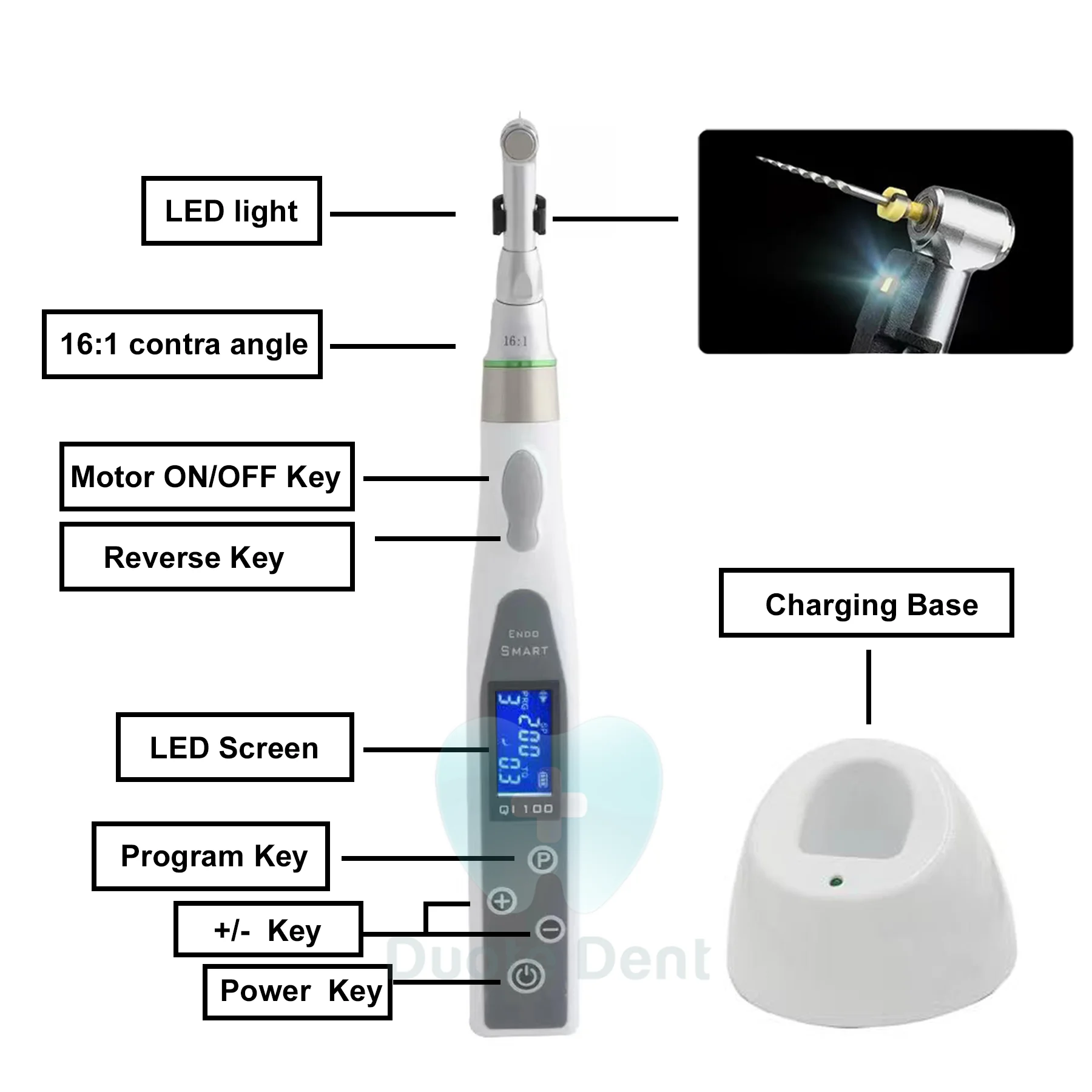 Wireless Dental Endomotor 16:1 Contra Angle Endodontic Treatment Handpiece Root Canal Rotary Motor