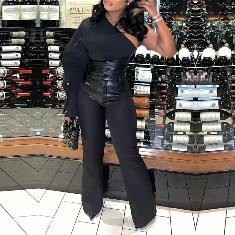 Sexy black leather patchwork two pieces pants set with oblique shoulder long sleeve crop top and straight-leg pants