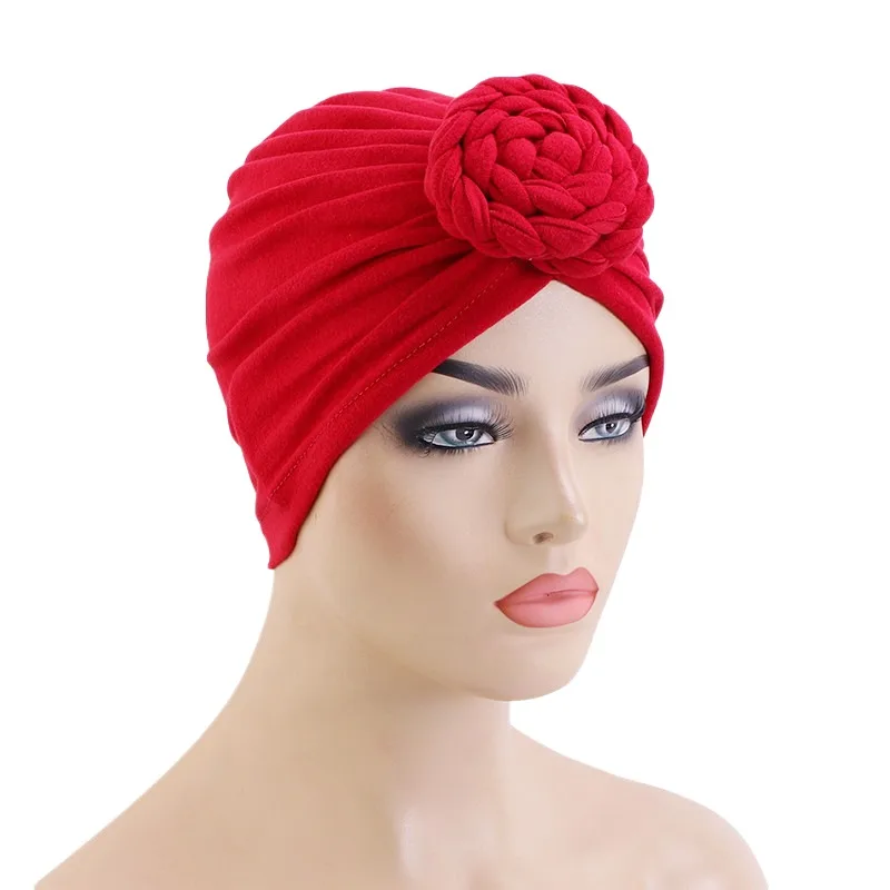 Hot Sale Plain Flower Muslim Chemo Headwrap Stretch Large Turban Chemo Satin Lined Stretchy Headwrap Turbans