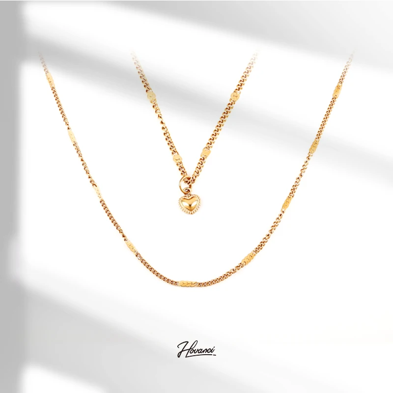 HOVANCI Customised Jewelries Vintage 18K Gold Plated Double Layer Love Heart Pendant Stainless Steel Long Necklace Woman