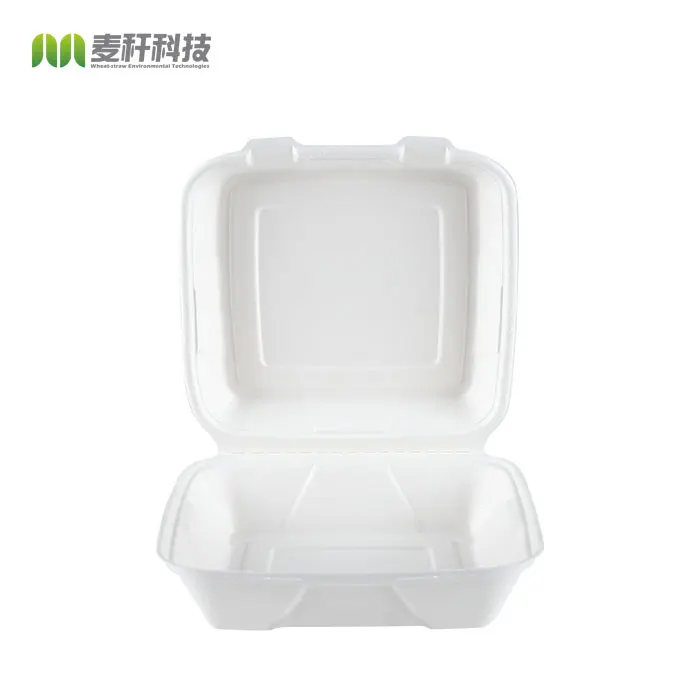 9x9 inches bagasse heavy duty take out lunch box hinged clamshell container